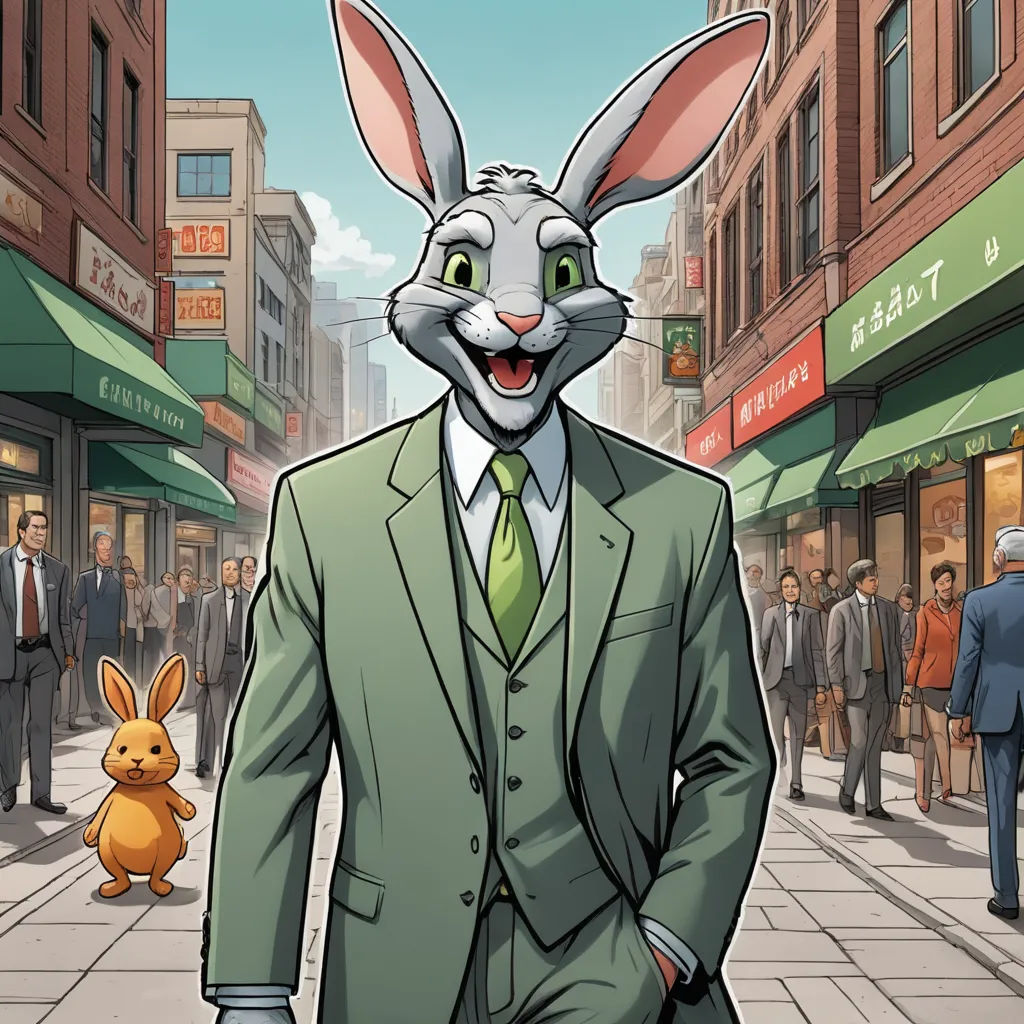 a cartoon of a rabbit in a suit and tie walking down a street with a rabbit in the background, furry art, a character portrait, Everett Warner, comic cover art