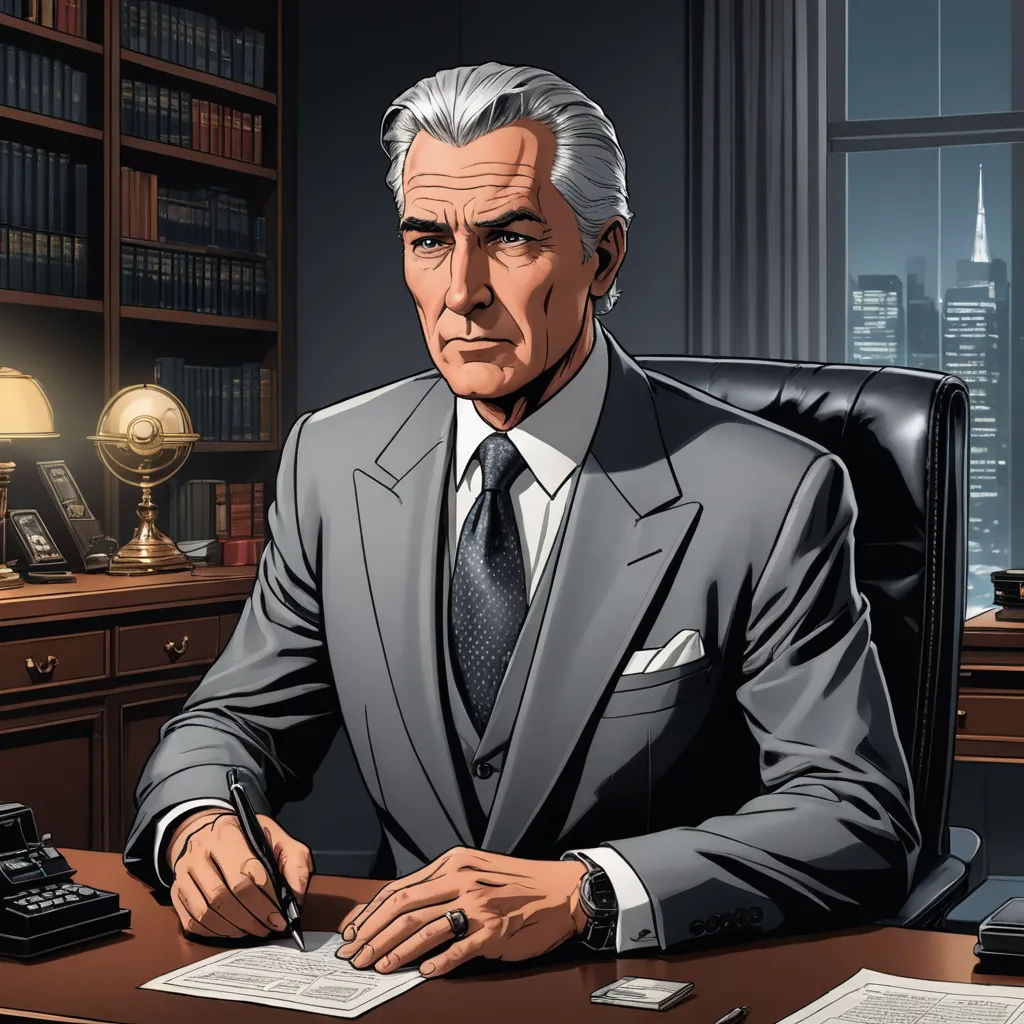 a man in a suit sitting at a desk with a phone and a pen in his hand and a bookcase in the background, sots art, a character portrait, Allan Brooks, official art