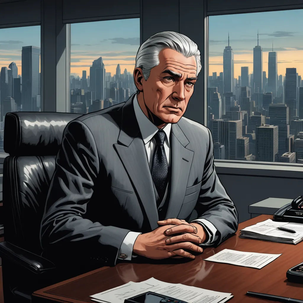 a man in a suit sitting at a desk in front of a window with a phone and a cell phone, sots art, a character portrait, Allan Brooks, official art