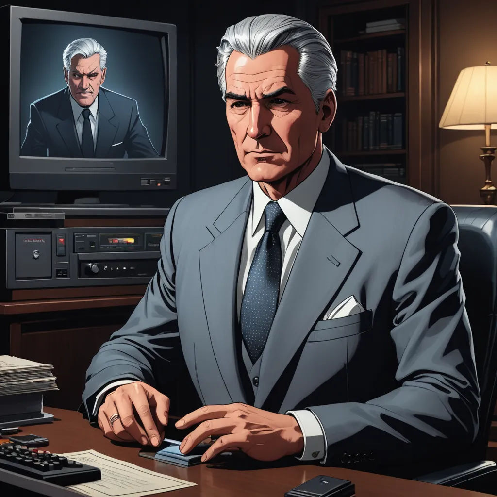 a man in a suit sitting at a desk in front of a computer monitor and a television screen with a man on it, computer art, computer graphics, Allan Brooks, official art