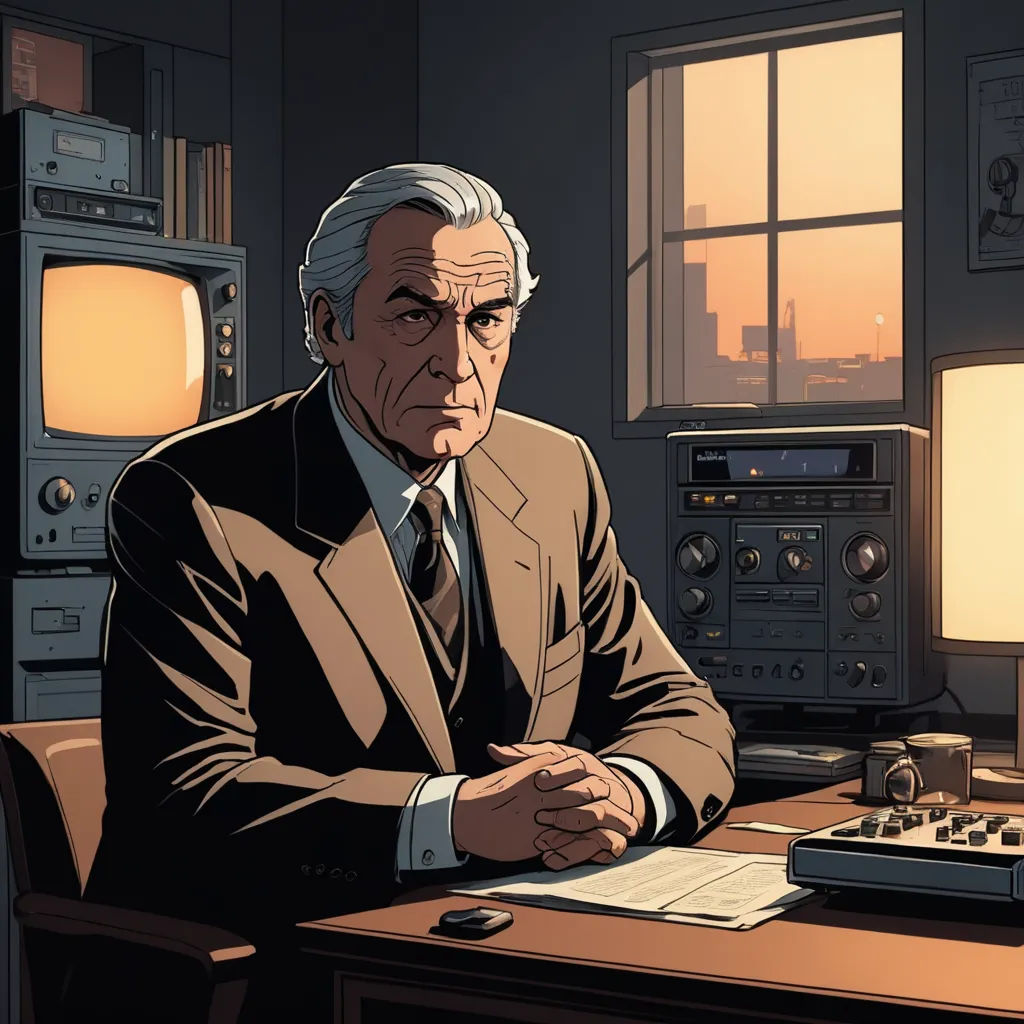a man sitting at a desk in front of a computer monitor and keyboard in a room with a window, serial art, a character portrait, Barron Storey, official art