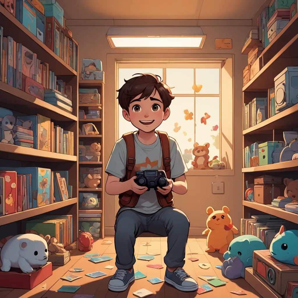 a boy is sitting in a library with toys and books on the shelves and a camera in his hand, sots art, a storybook illustration, Chris LaBrooy, rossdraws global illumination