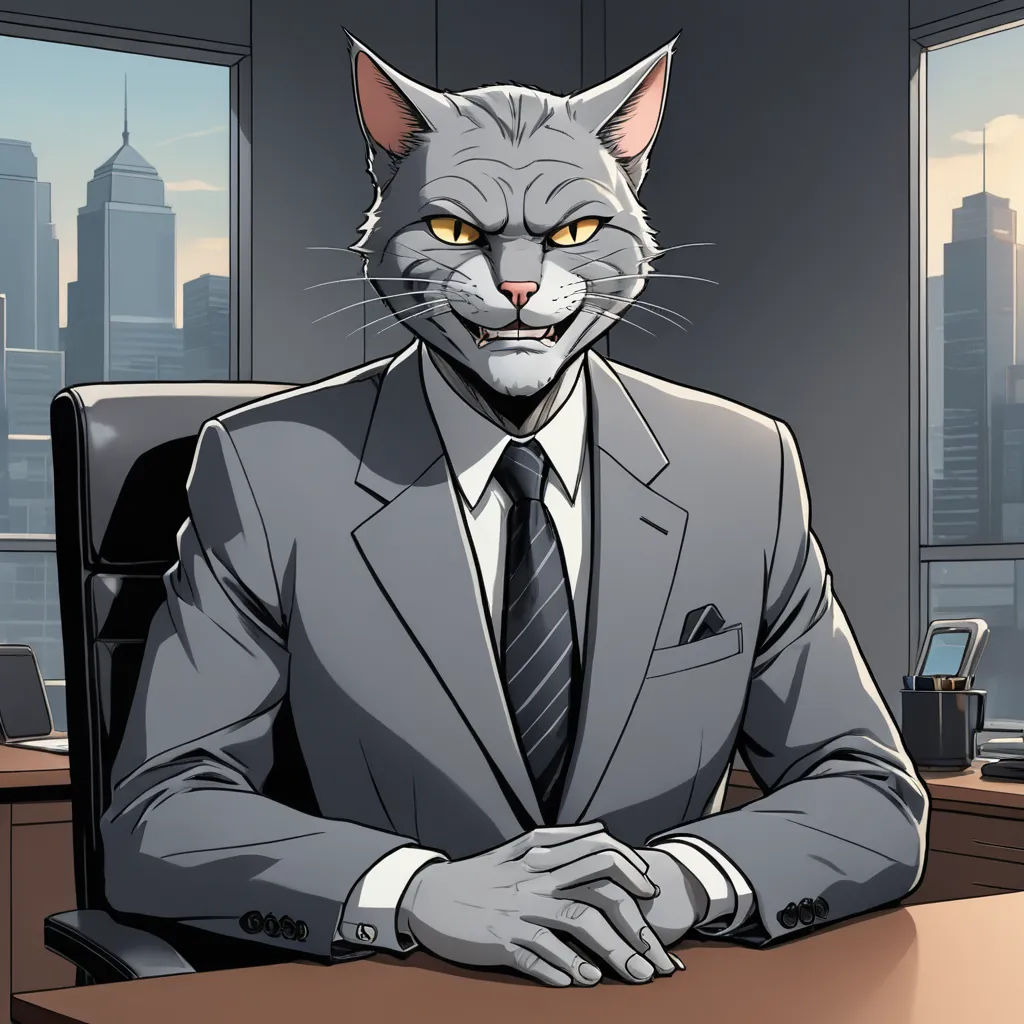 a cat in a suit sitting at a desk in front of a window with a cityscape in the background, furry art, a character portrait, Carlos Catasse, official art