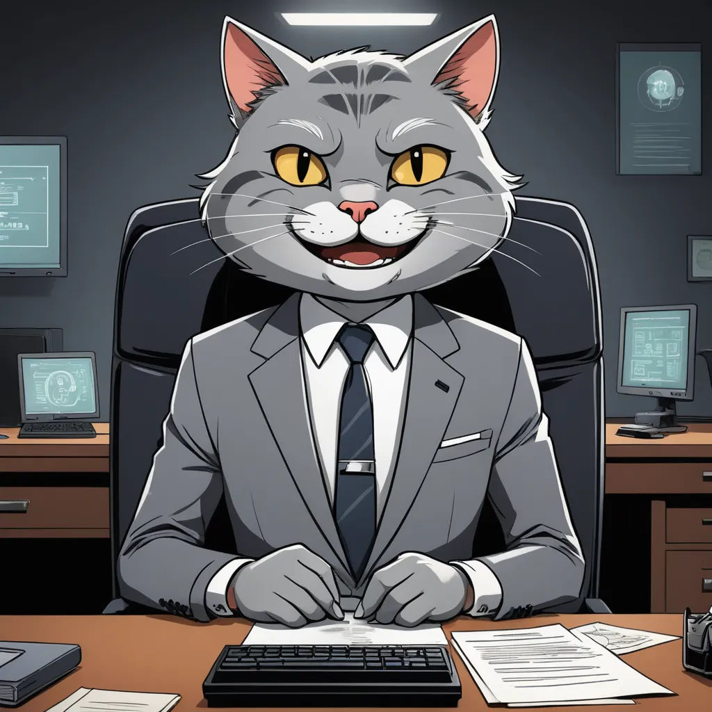 a cat in a suit sitting at a desk with a keyboard and monitor in front of him, with a computer screen in the background, sots art, a character portrait, Carlos Catasse, official art