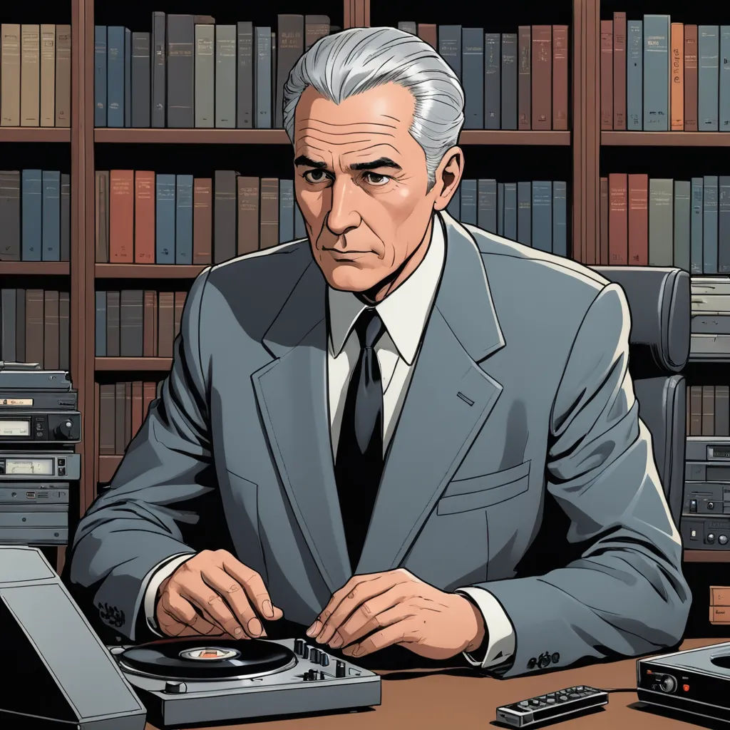 a man in a suit sitting at a desk with a record player and a laptop computer in front of him, de stijl, a comic book panel, Dean Roger, laurie greasley