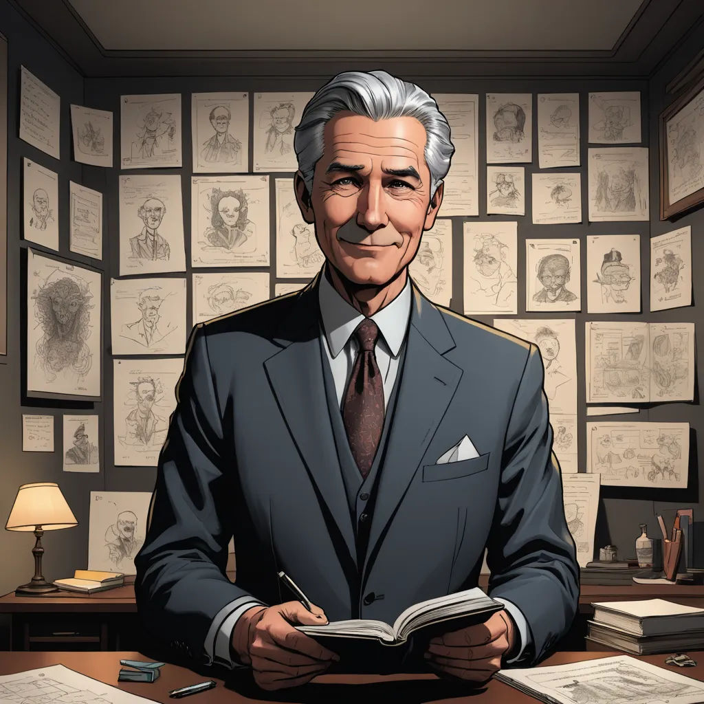 a man in a suit sitting at a desk with a book in his hands and a bunch of papers on the wall behind him, serial art, a character portrait, Allan Brooks, official art