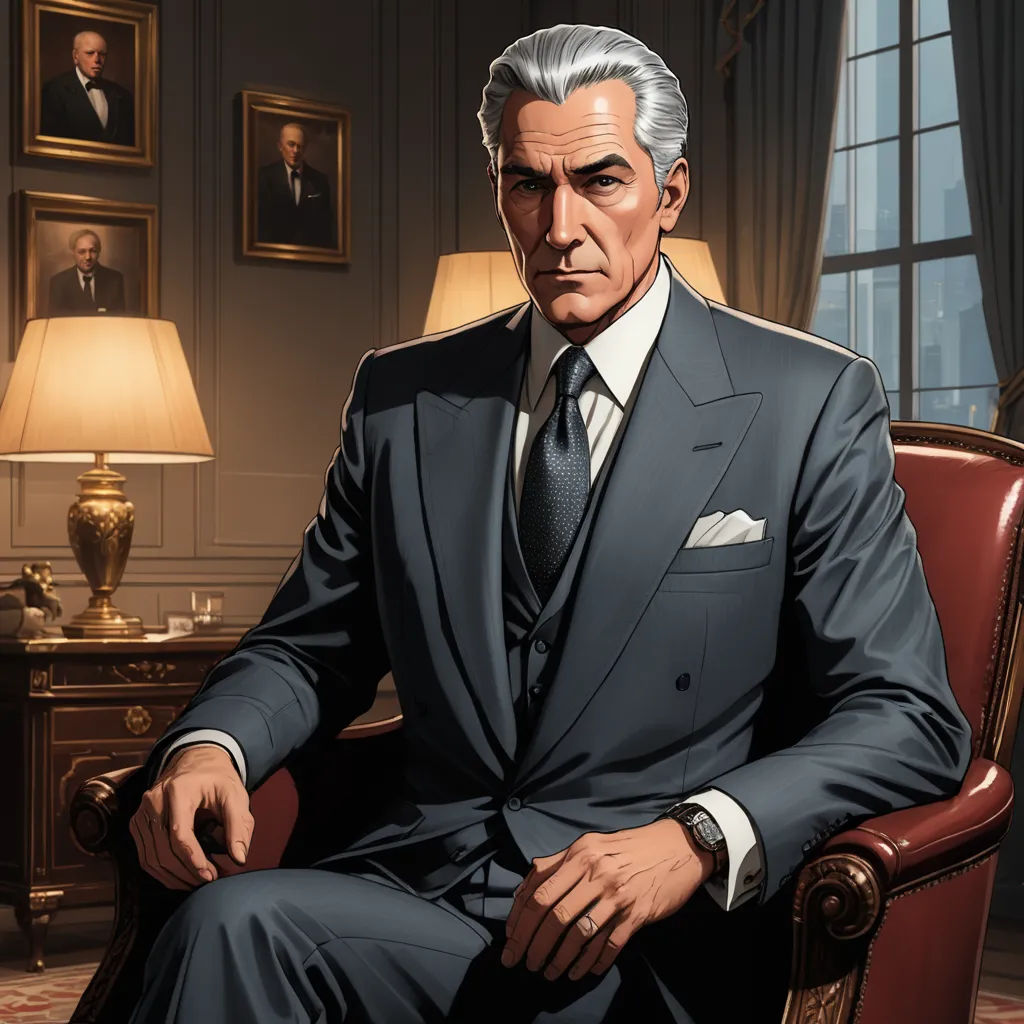 a man in a suit sitting in a chair in a room with paintings on the wall and a lamp on the table, sots art, a character portrait, Allan Brooks, official art