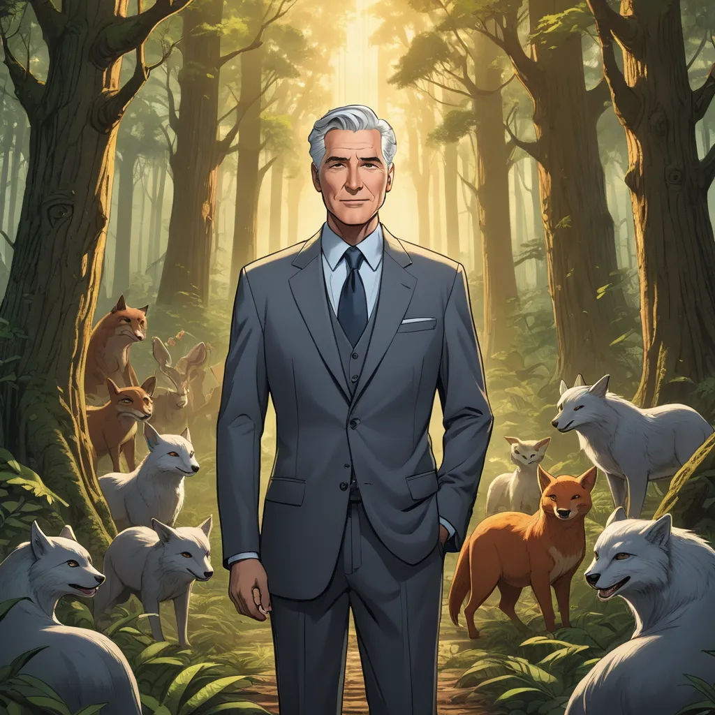 a man in a suit standing in a forest with animals around him and a forest background with trees and animals, furry art, a character portrait, Allan Brooks, official art