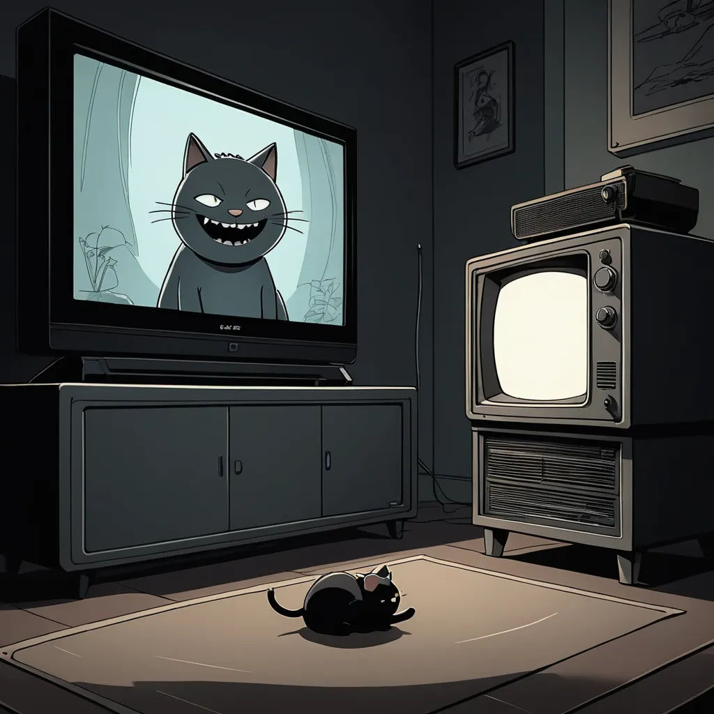 a black cat sitting on a rug in front of a tv with a cartoon cat on it's screen, serial art, poster art, Asaf Hanuka, promotional image