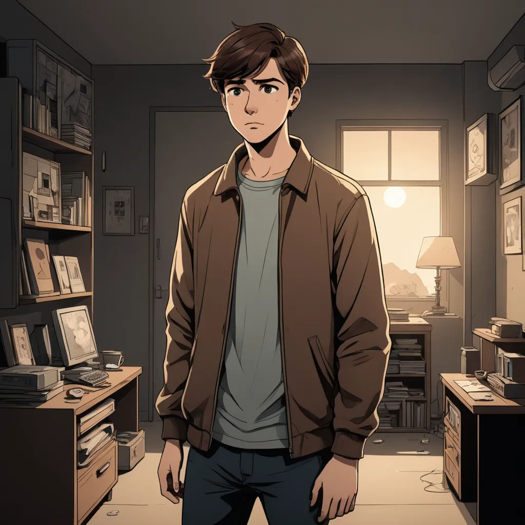 a man standing in a room with a desk and a lamp on it's side and a window, serial art, a comic book panel, David Park, rossdraws global illumination