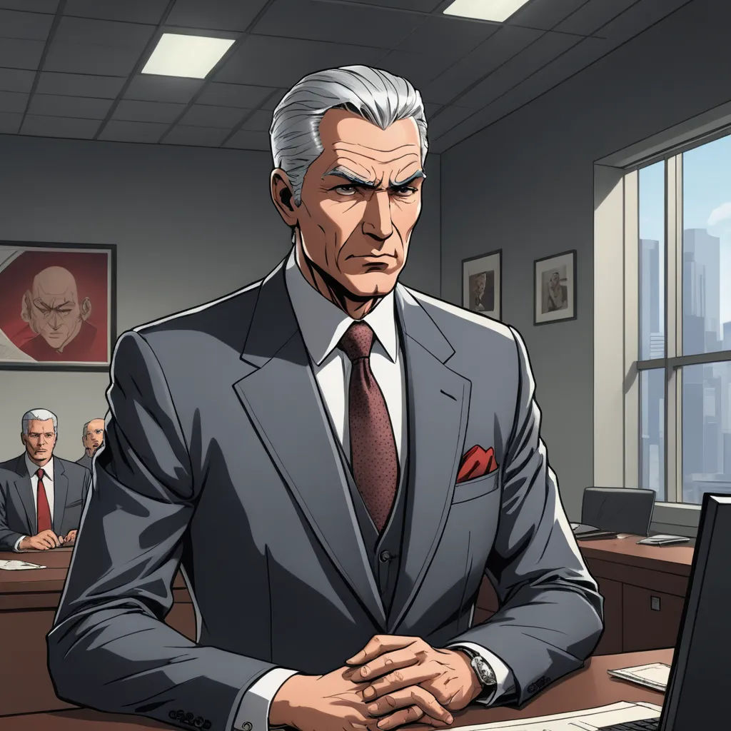 a man in a suit and tie sitting at a desk in front of a computer monitor and a monitor screen, sots art, a character portrait, Adam Manyoki, official art