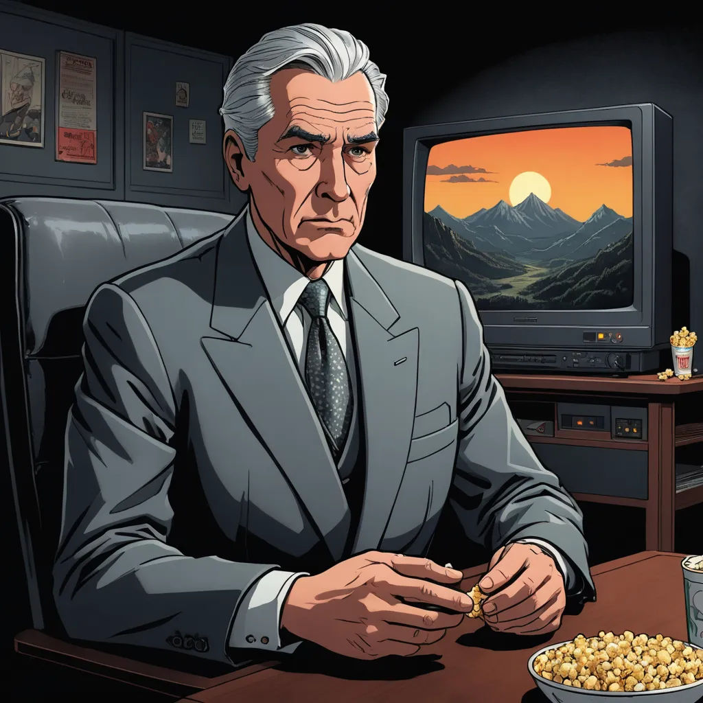 a man in a suit sitting at a desk with a bowl of popcorn and a television in the background, american realism, a character portrait, Edwin Georgi, official art