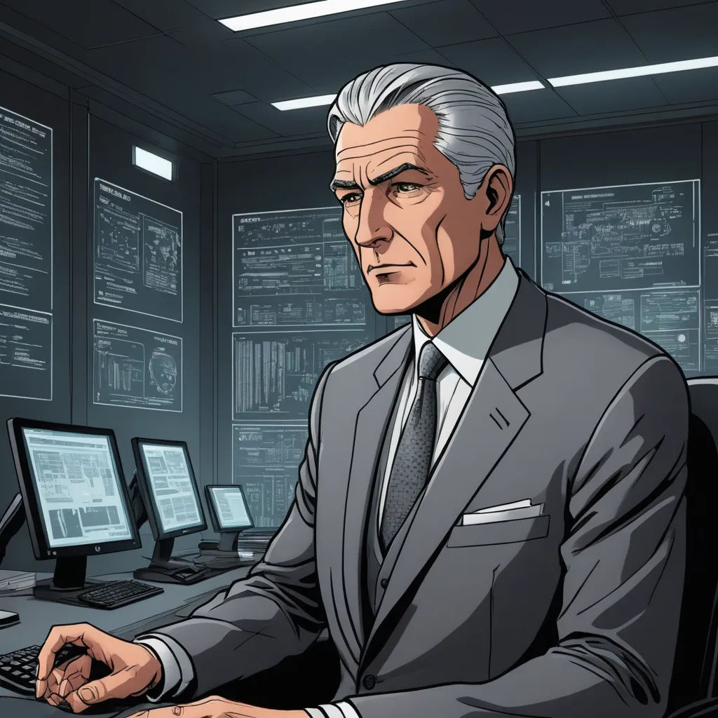 a man in a suit sitting at a desk with a computer and a monitor on it, with a lot of screens behind him, new objectivity, a character portrait, Charles Mahoney, official art