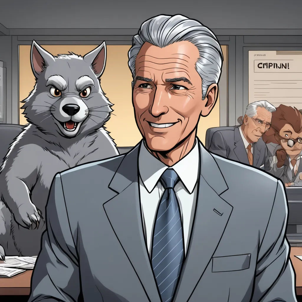 a man in a suit and a wolf in a suit and tie in a cartoon style with a background of people, furry art, a comic book panel, Cliff Childs, official art