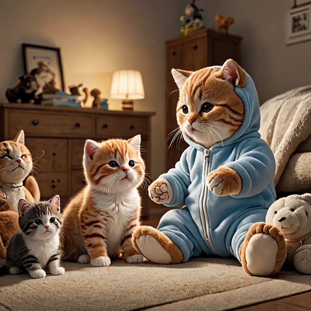 a group of cats sitting on a bed together in a room with a teddy bear and other cats in the background, furry art, a storybook illustration, Beatrix Potter, cute and funny