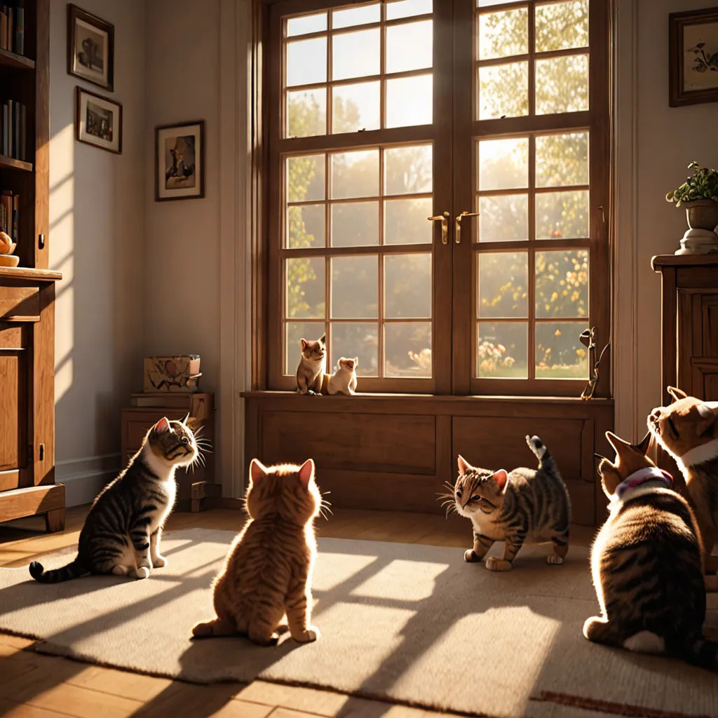 a group of cats sitting on the floor in front of a window looking out the window at the cats, photorealism, a storybook illustration, Evgeny Lushpin, unreal engine highly rendered