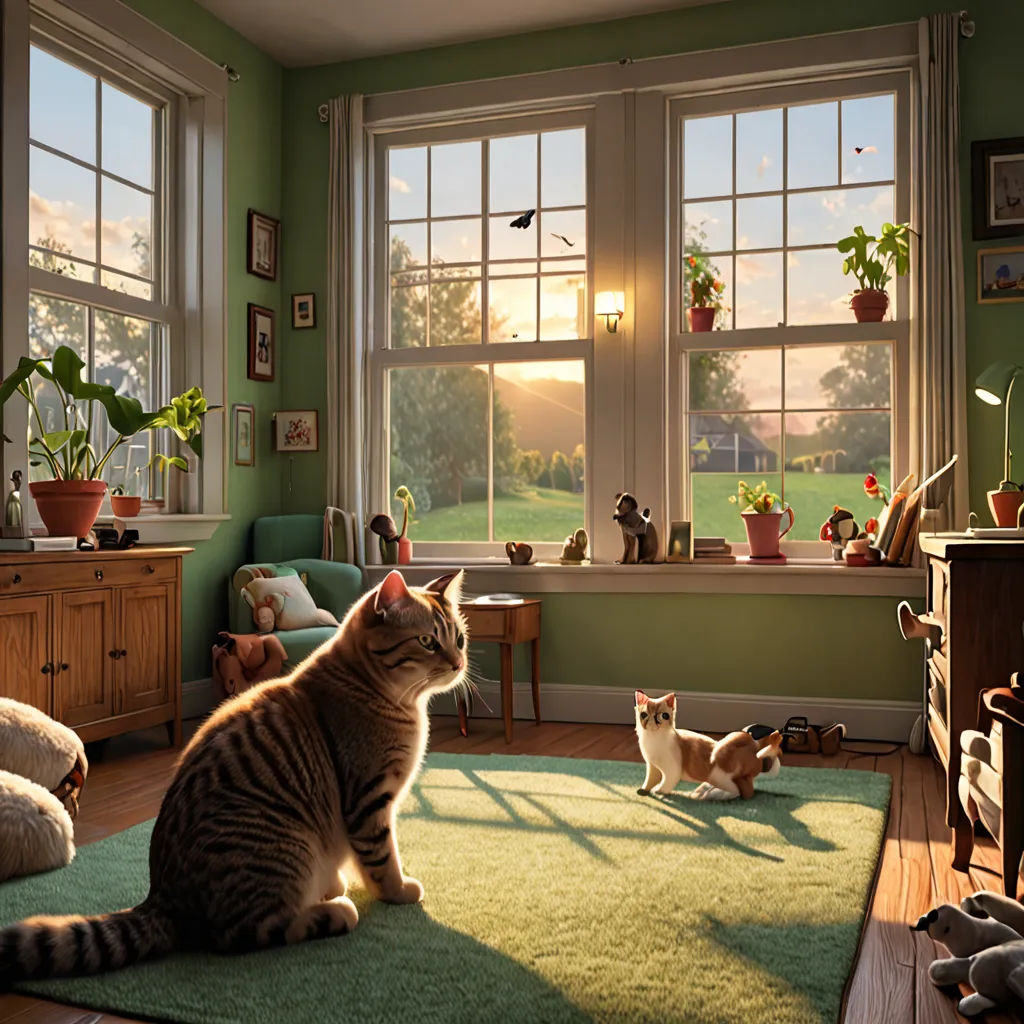 a cat sitting on a rug in a room with a cat and two dogs in the room and a cat laying on the floor, photorealism, a photorealistic painting, Chris LaBrooy, photorealistic lighting