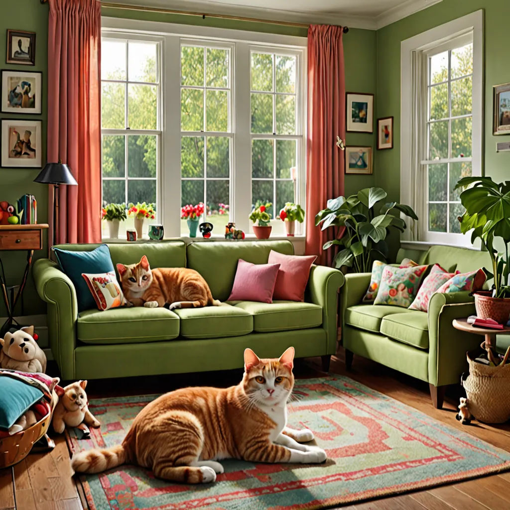 a living room with a green couch and a cat on the floor in front of a window with red curtains, arts and crafts movement, a photorealistic painting, Annabel Kidston, award - winning photography