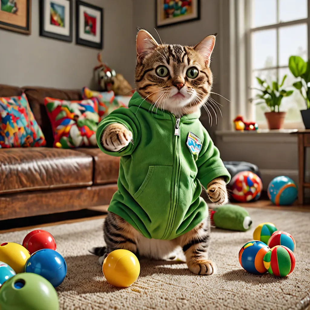 a cat in a green outfit playing with balls in a living room with a couch and a window behind it, kitsch movement, a tilt shift photo, Chris LaBrooy, cute and funny