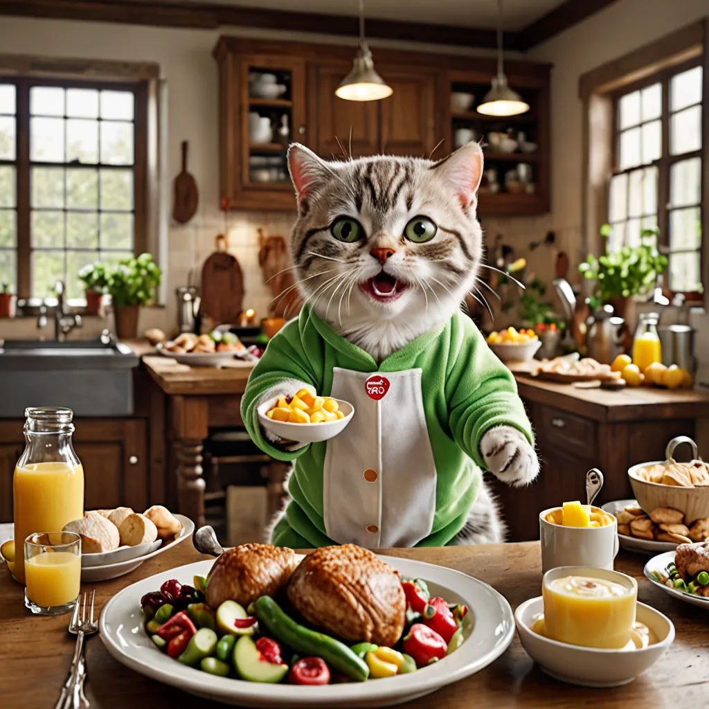a cat is standing at a table with food and drinks in front of it, and a person is holding a plate with food in front of it, furry art, a stock photo, Carlos Catasse, behance hd
