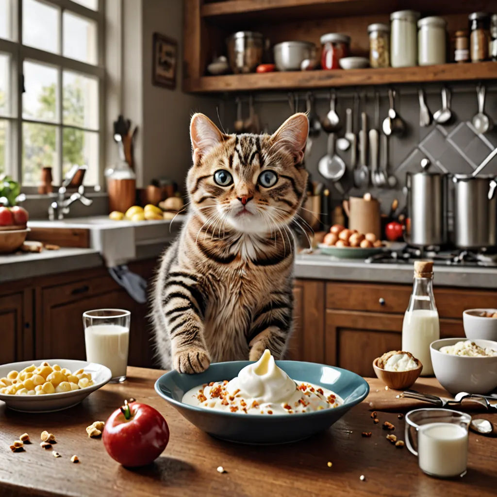 a cat sitting on a table in a kitchen with food and milk on the table and a bottle of milk, assemblage, a stock photo, Chris LaBrooy, award - winning photography