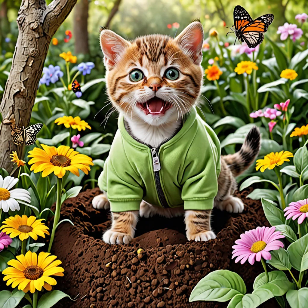 a cat wearing a green shirt is sitting in a field of flowers and a butterfly is flying above it, furry art, a digital rendering, Chris LaBrooy, highly detailed digital art