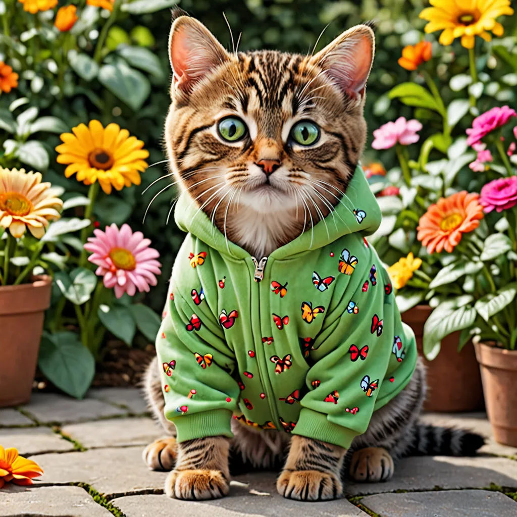 a cat wearing a green jacket sitting on a stone walkway in front of flowers and potted plants with a surprised look on its face, photorealism, a stock photo, Carlos Catasse, fashion