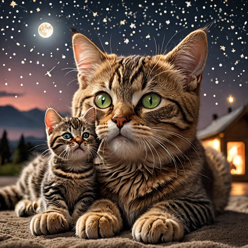 a cat and a kitten are sitting on a blanket in front of a night sky with stars and a full moon, space art, a storybook illustration, Chris LaBrooy, highly detailed digital painting