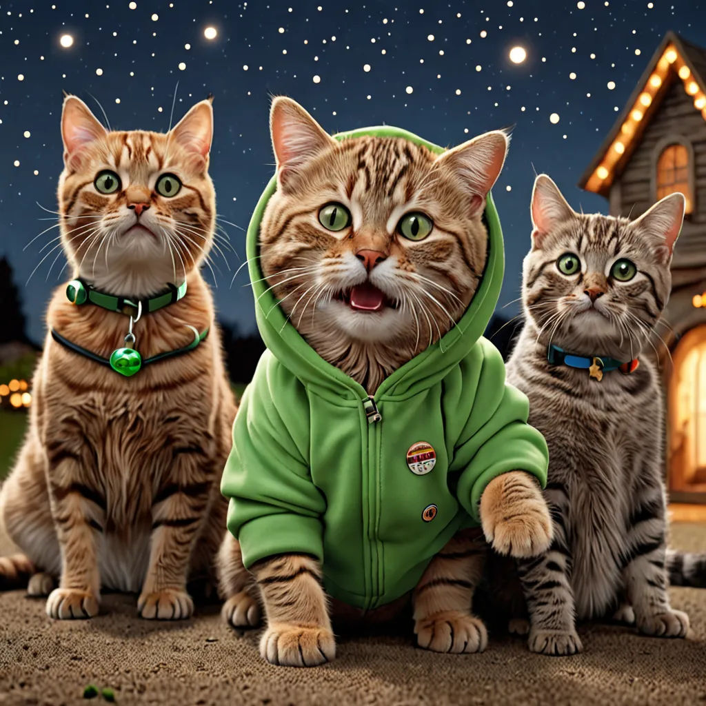 three cats wearing green jackets sitting in front of a house at night with stars in the sky above them, furry art, poster art, Chris LaBrooy, highly detailed digital painting