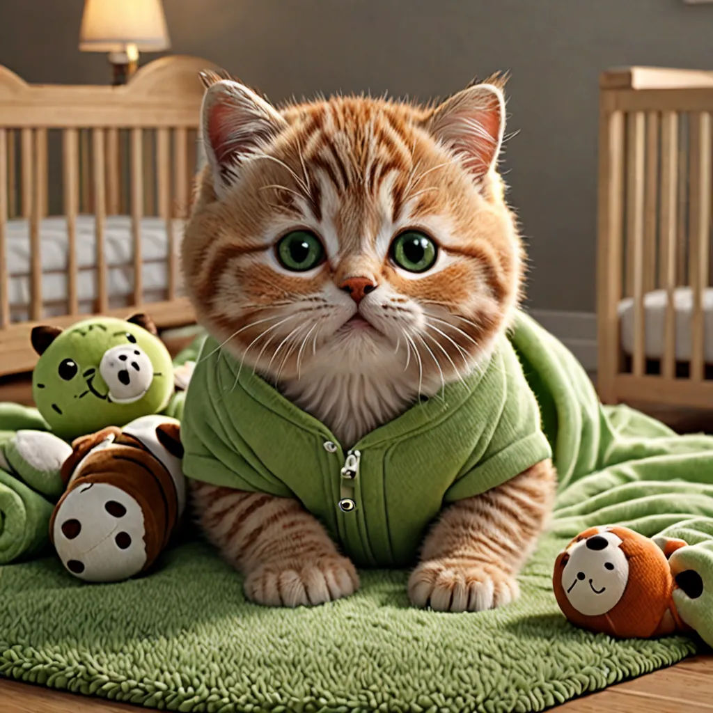 a cat sitting on a rug with stuffed animals around it in a nursery room with a crib and crib in the background, hyperrealism, a photorealistic painting, Anne Geddes, cute and funny