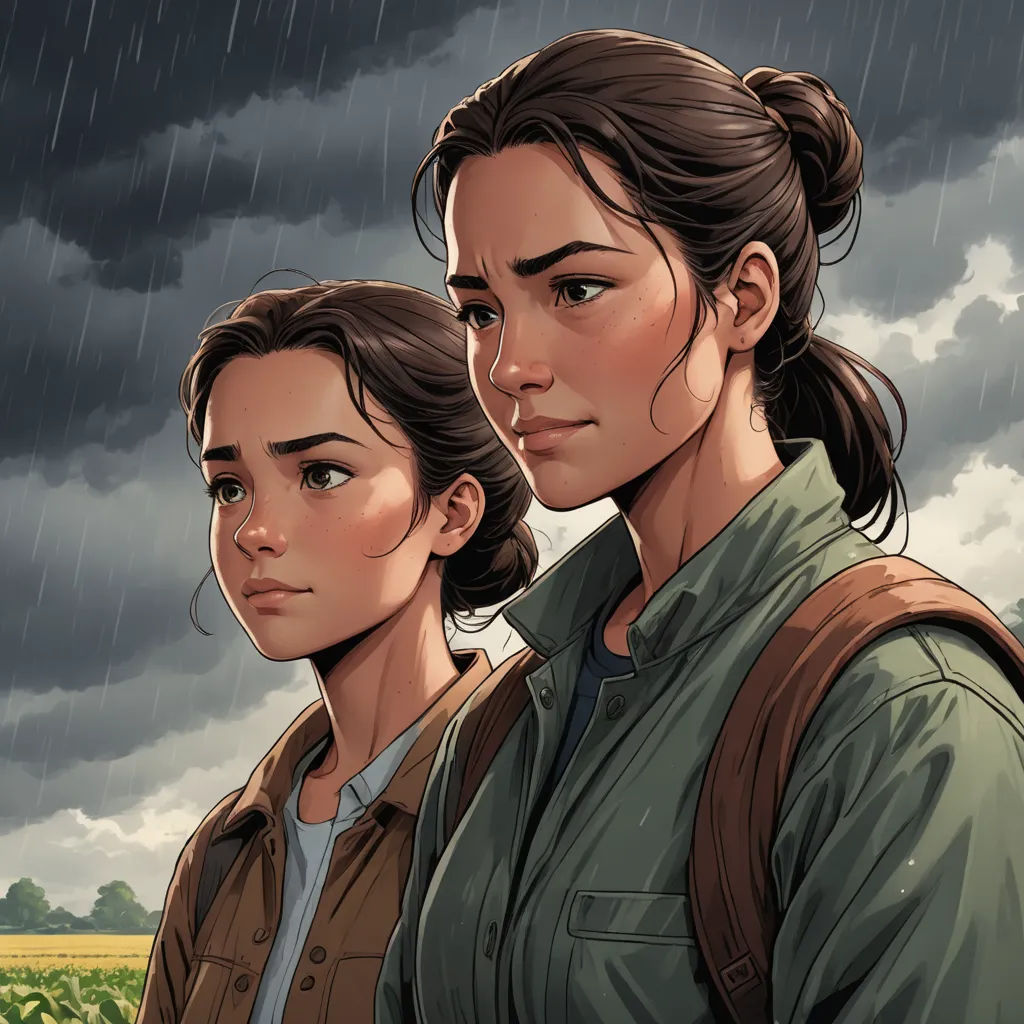 two people standing in front of a storm with a sky background and a field of crops in the background, serial art, a comic book panel, David Palumbo, comic cover art