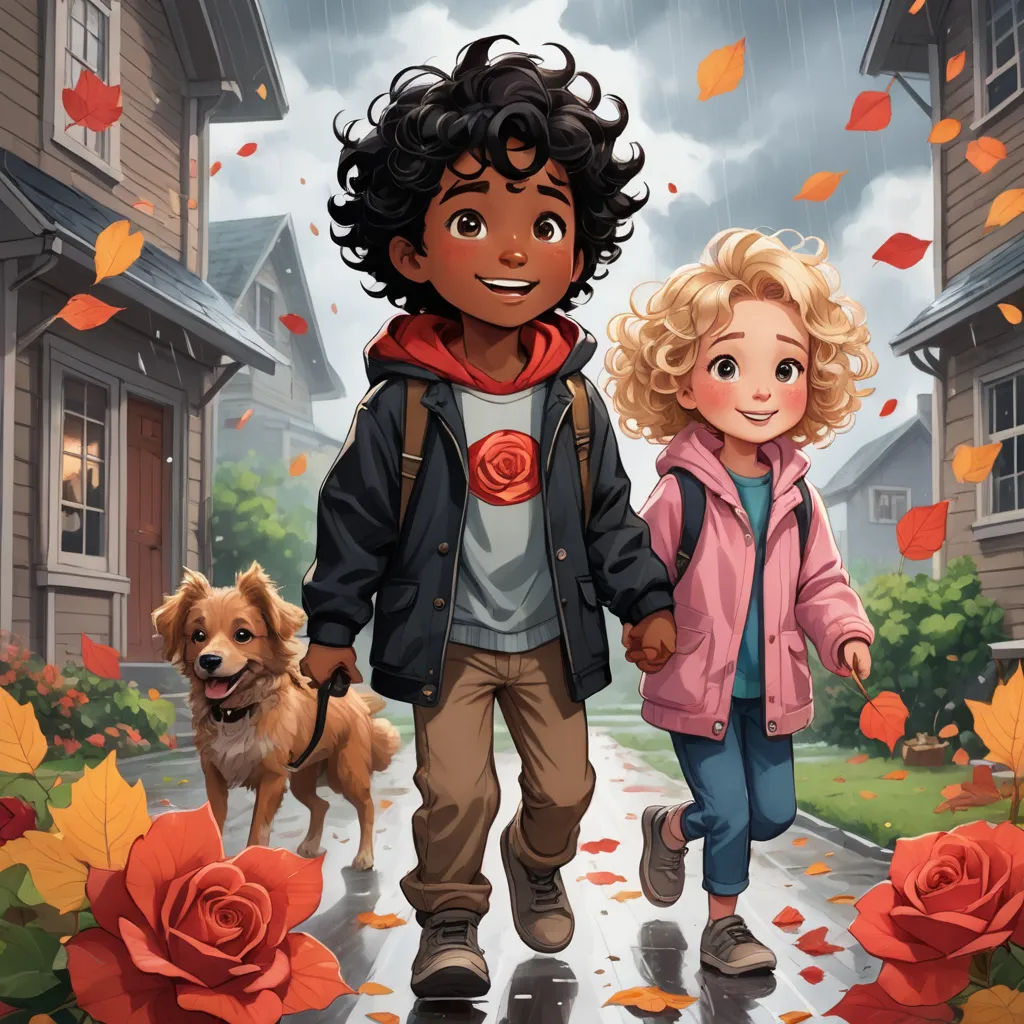 a boy and a girl walking down a street with a dog in the rain behind them and a rose in the foreground, american scene painting, a storybook illustration, Felix-Kelly, key art