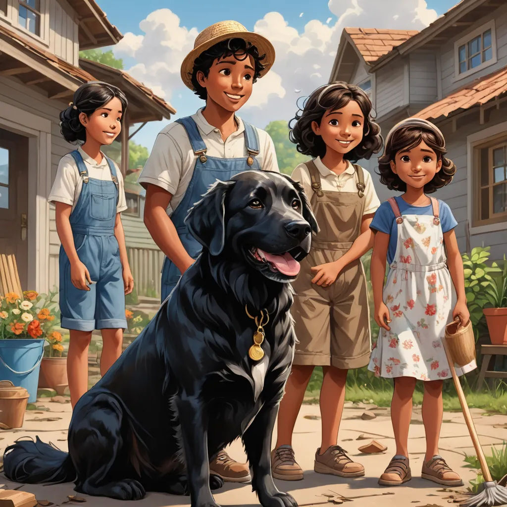 a painting of a family standing in front of a dog and a house with a black dog on the front, american scene painting, a storybook illustration, Bob Byerley, official art