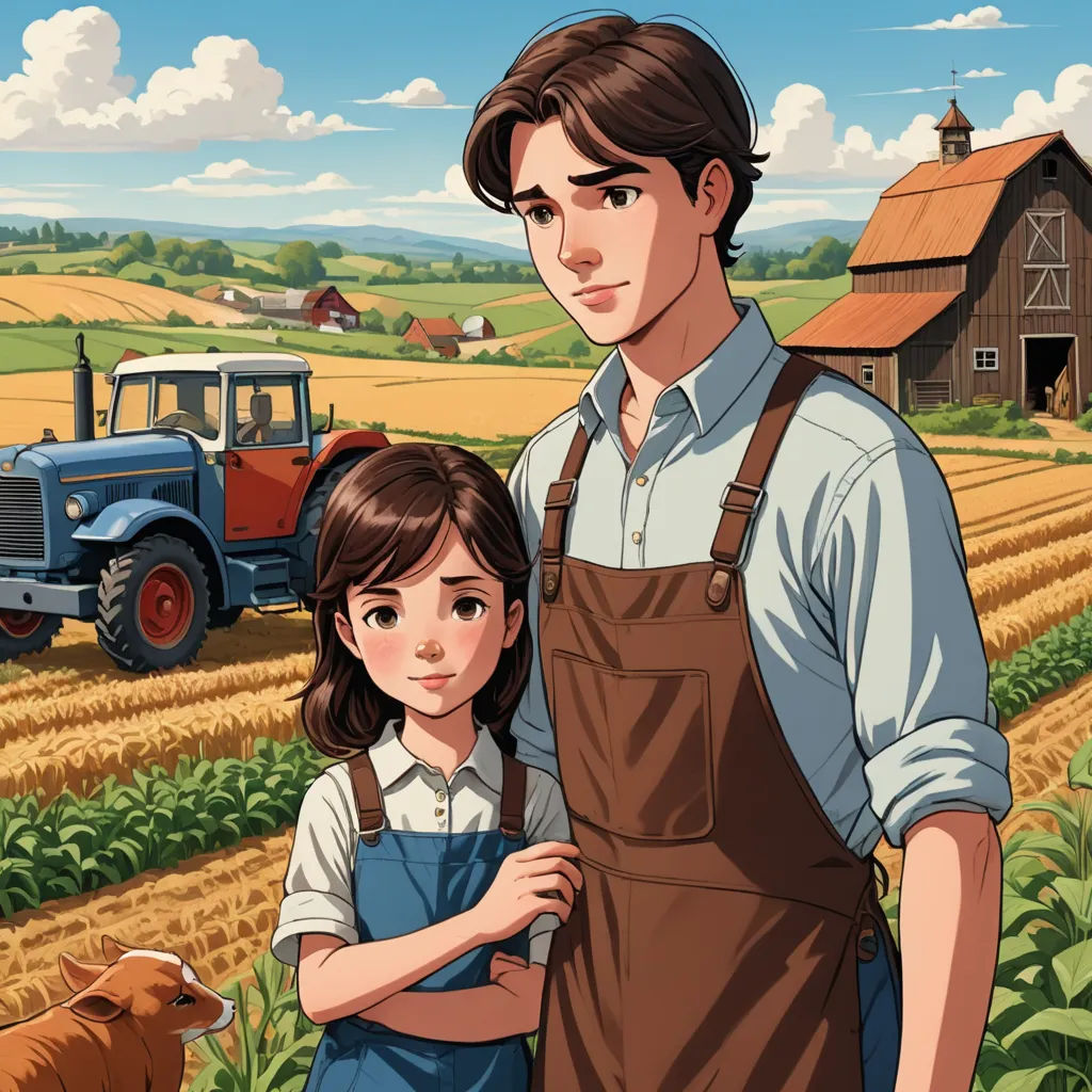 a man and a girl standing in front of a farm scene with a tractor and a farm house in the background, serial art, a storybook illustration, Brothers Hildebrandt, official art