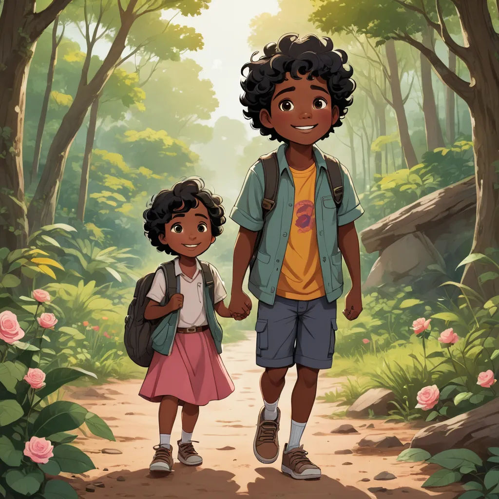 a boy and a girl walking down a path in the woods holding hands and smiling at the camera,, serial art, concept art, Cedric Seaut (Keos Masons), official art