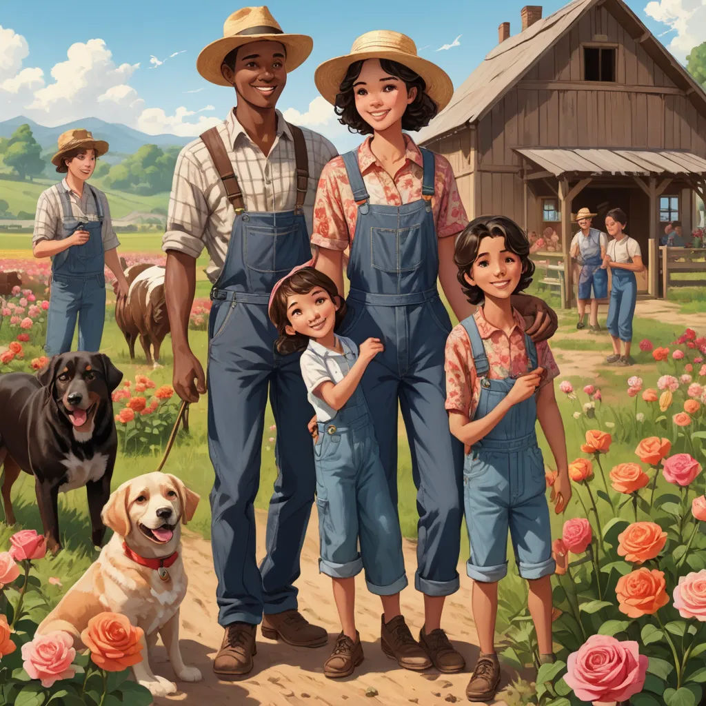 a painting of a family standing in a field with a dog and a house in the background with a dog and a man and two children, american scene painting, a storybook illustration, Chris LaBrooy, official art