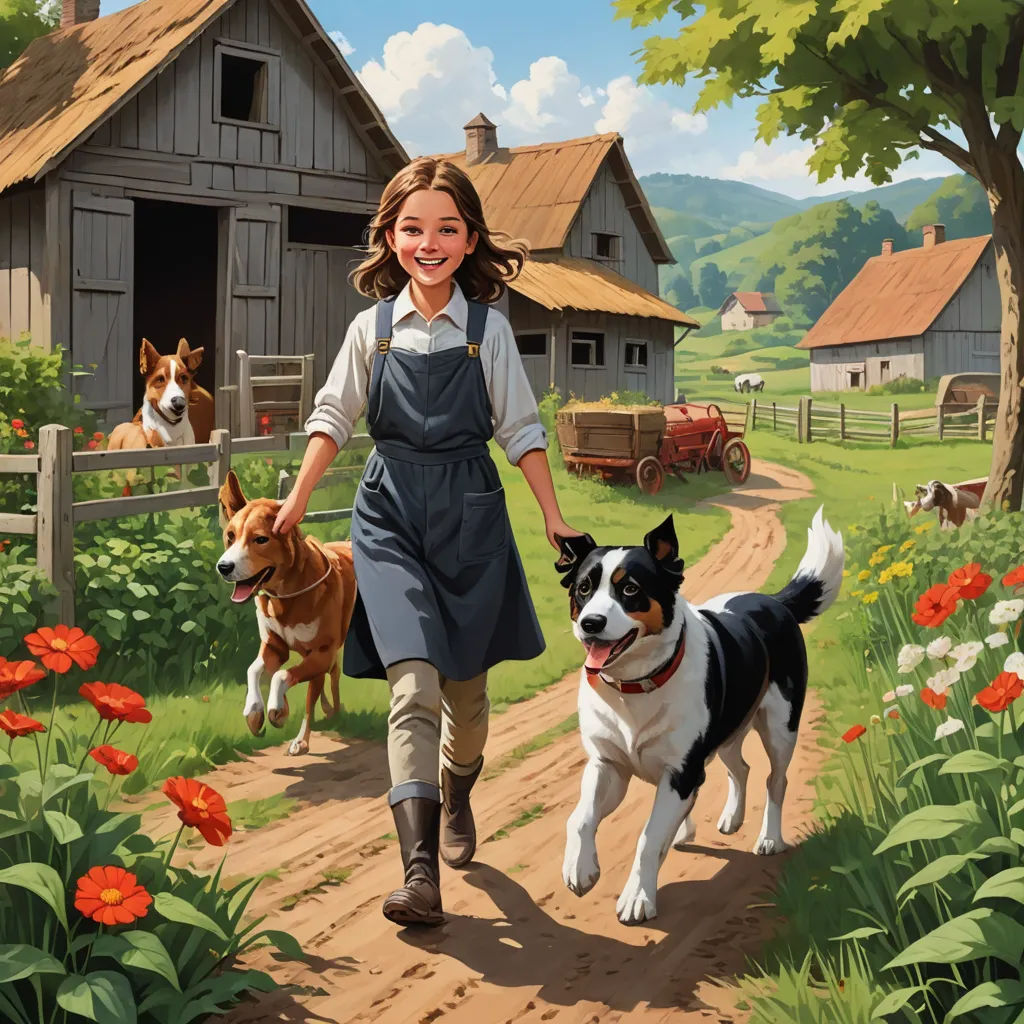 a painting of a girl walking a dog on a farm path with a dog on a leash behind her, american scene painting, a storybook illustration, Bob Byerley, professional digital painting
