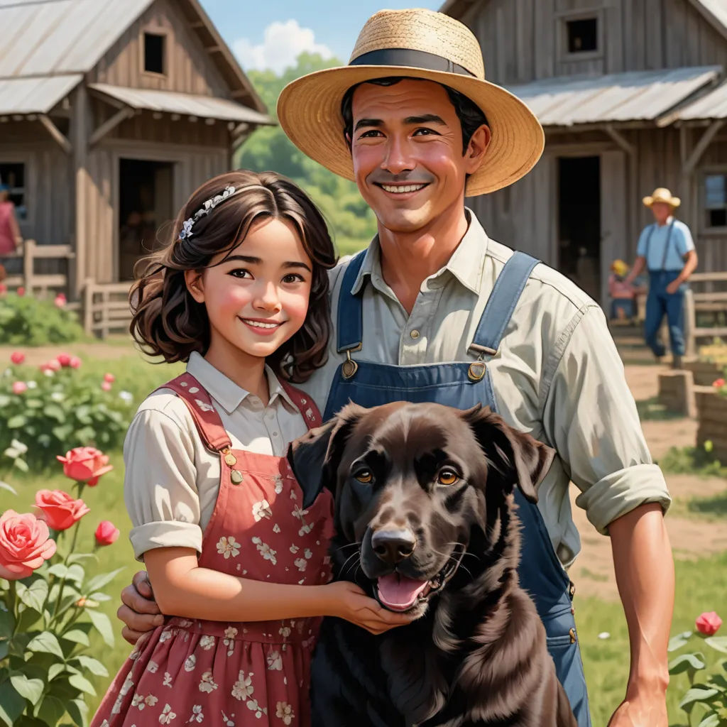 a man and a girl are standing in a field with a dog and a barn in the background with a red rose, american scene painting, a storybook illustration, Bob Byerley, official art