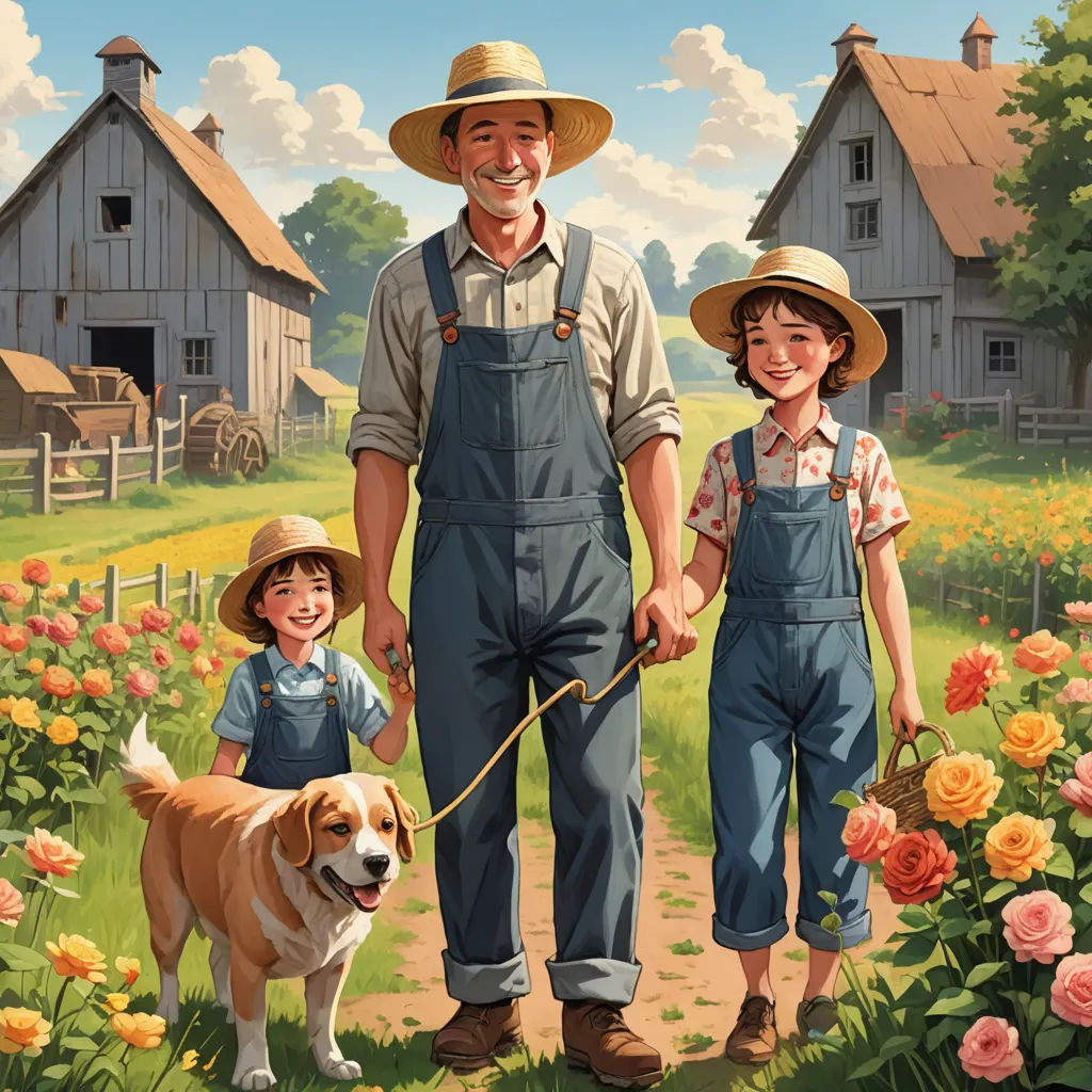 a man and two children are walking a dog in a field of flowers with a dog on a leash, american scene painting, a storybook illustration, Bob Byerley, official art
