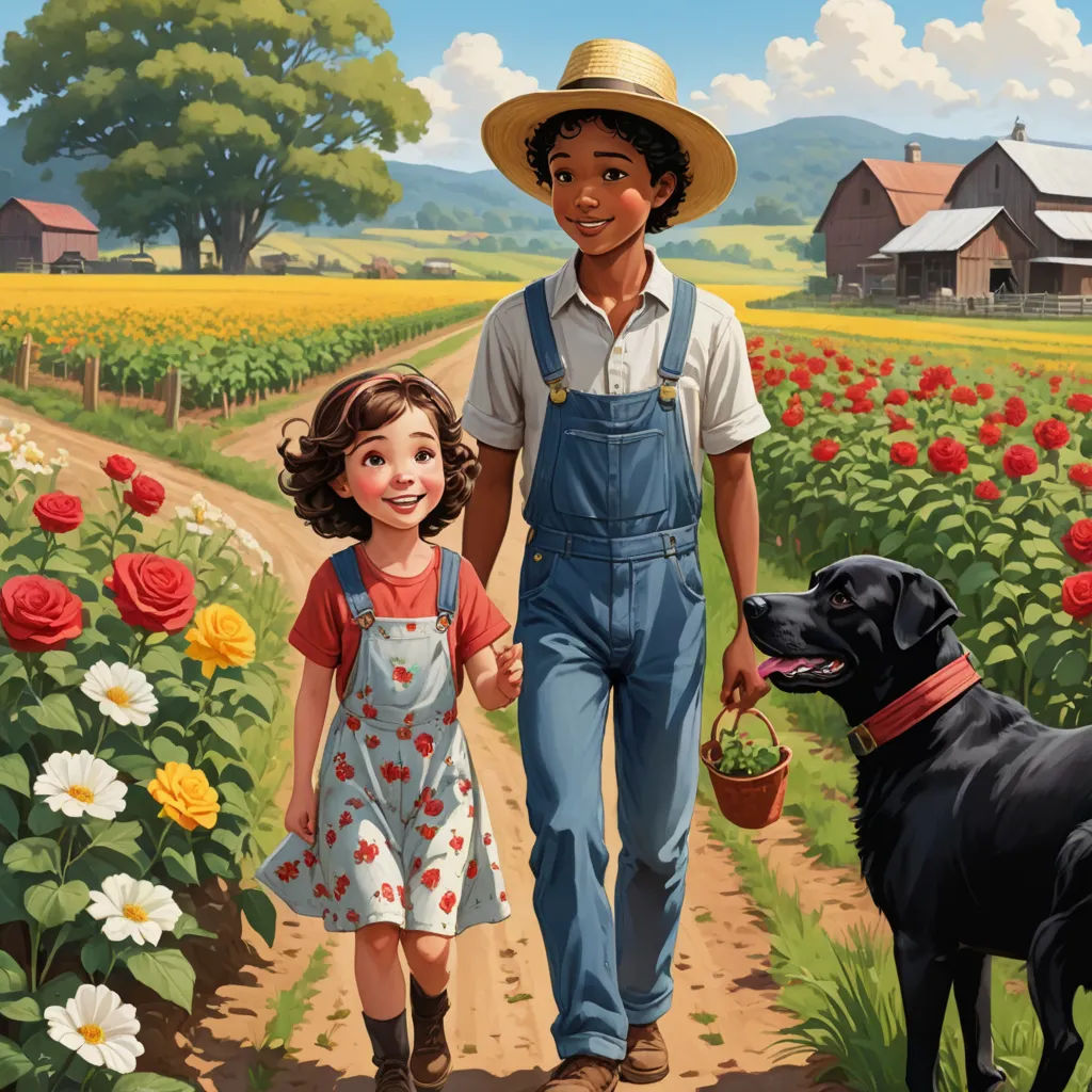 a painting of a boy and girl walking in a field with a dog and a dog on a leash, american scene painting, a storybook illustration, Aaron Jasinski, official art