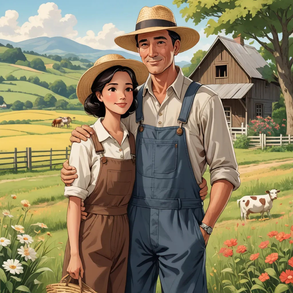 a painting of a man and woman standing in a field with a cow in the background and a barn in the background, american scene painting, a storybook illustration, Bourgeois, official art