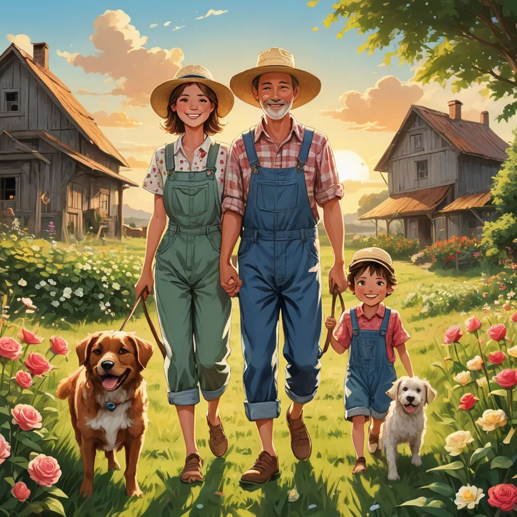 a man and woman are walking their dogs in a field of flowers with a dog on a leash behind them, american scene painting, a storybook illustration, Bob Byerley, official art