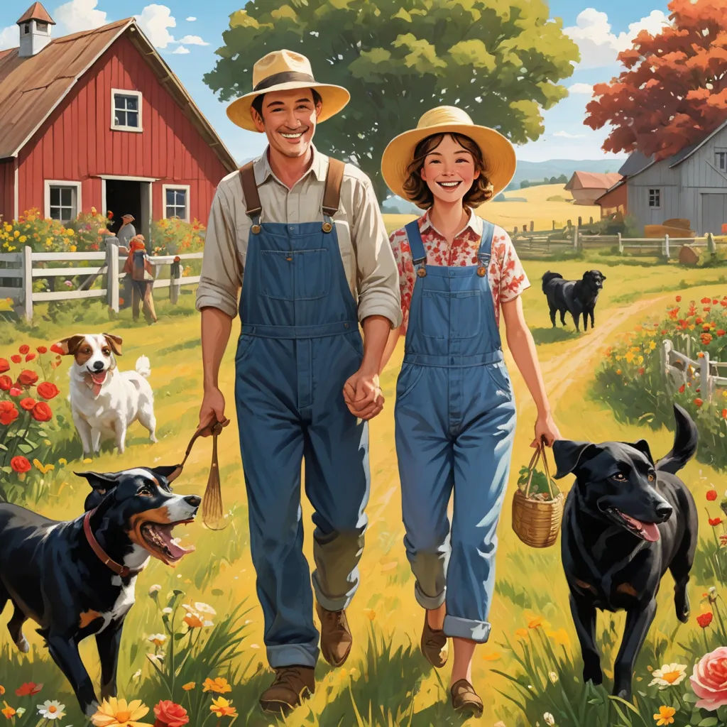 a painting of a man and woman walking with two dogs in a field of flowers and a barn in the background, american scene painting, a storybook illustration, F. Scott Hess, furaffinity