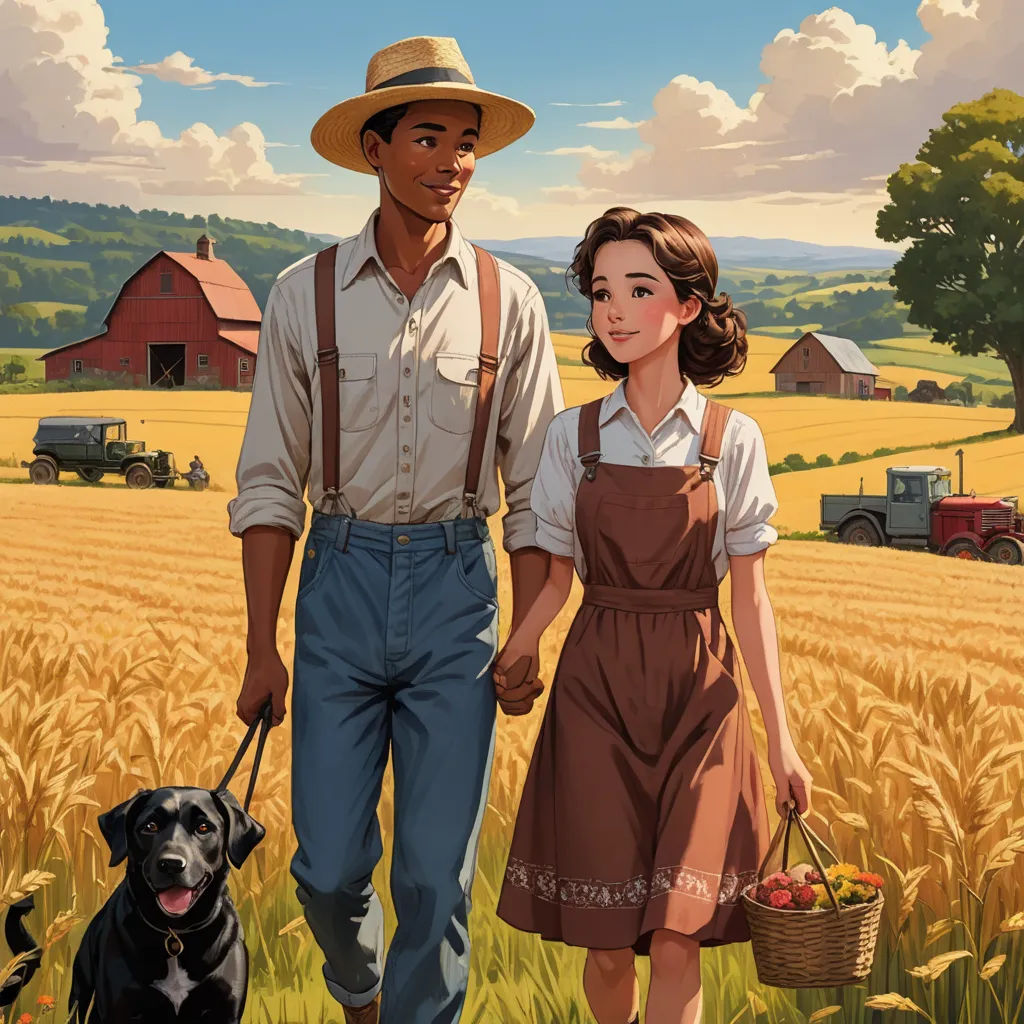 a man and woman walking a dog in a field of wheat with a farmer's dog in front of them, american scene painting, a storybook illustration, Aaron Jasinski, comic cover art
