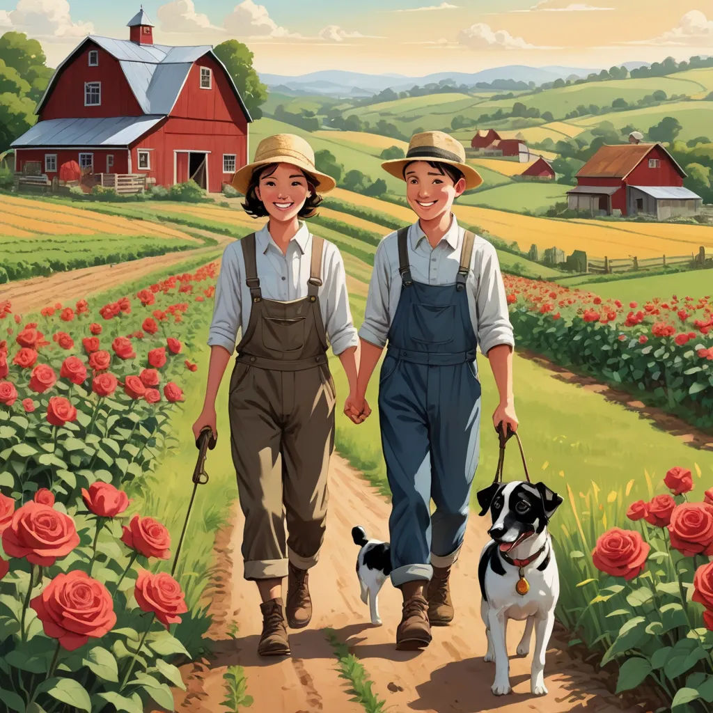 a painting of two people walking a dog in a field of flowers with a red barn in the background, american scene painting, a storybook illustration, Aaron Jasinski, official art
