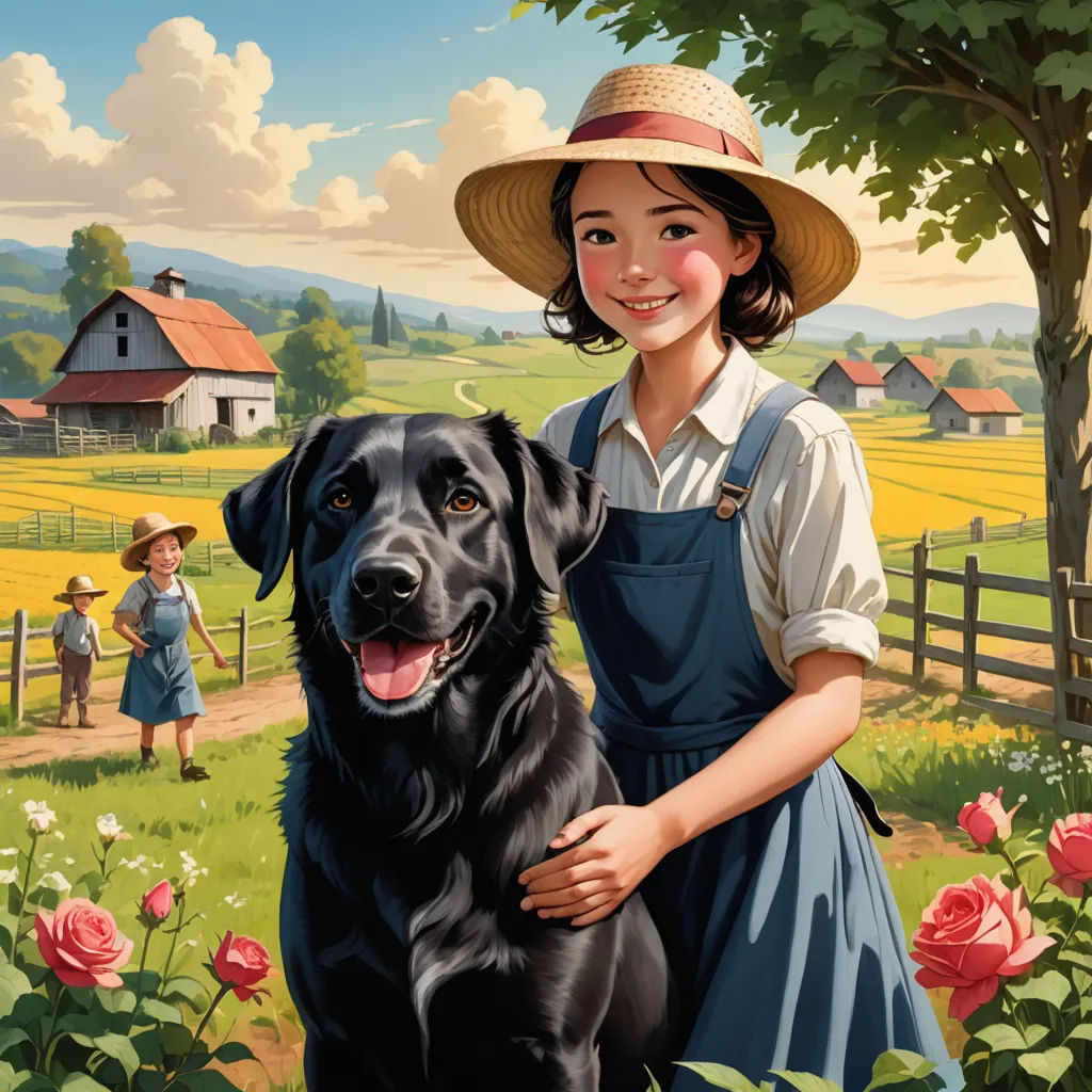 a painting of a girl and a dog in a field with roses and a fence in the background, with a farm scene in the background, american scene painting, a storybook illustration, Bob Byerley, official art