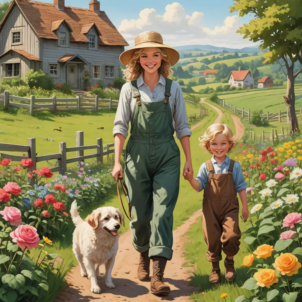 a painting of a woman and a child walking a dog in a garden with a house in the background, american scene painting, a storybook illustration, Bob Byerley, kinkade