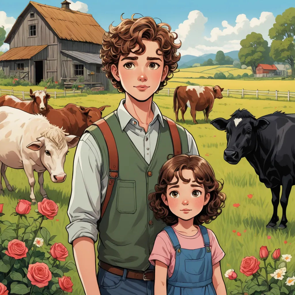 a man and a little girl standing in a field with cows and roses in front of them, with a barn in the background, serial art, a storybook illustration, Anne Said, comic cover art