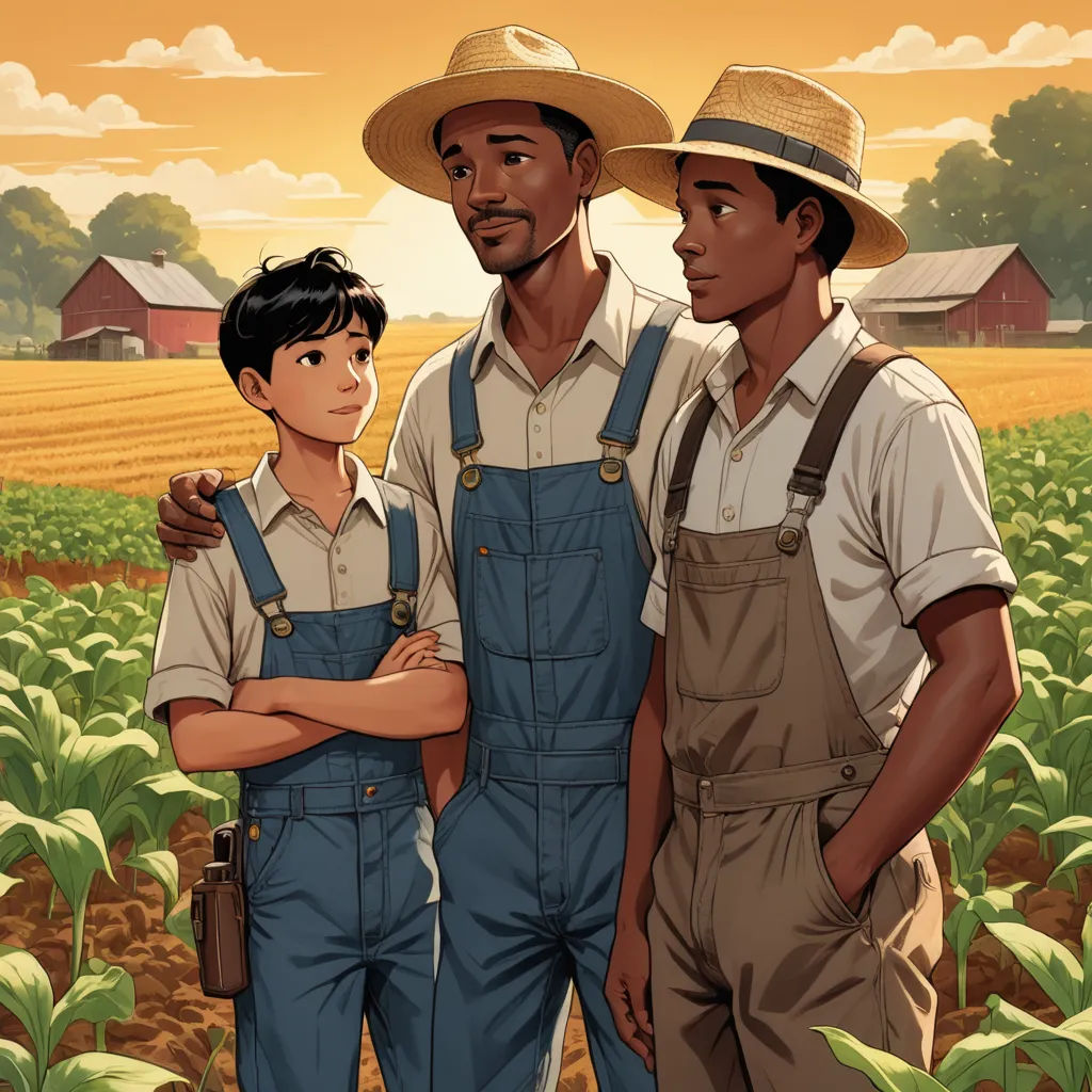 a painting of two men and a boy standing in a field of crops with a farm in the background, american realism, a storybook illustration, Everett Warner, official art