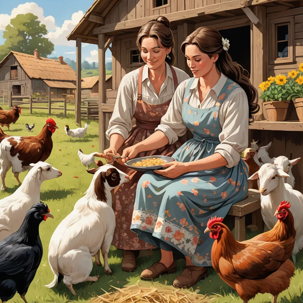 a painting of two women in a farm with chickens and chickens in front of a barn and a chicken coop, american scene painting, a storybook illustration, Brothers Hildebrandt, highly detailed digital painting